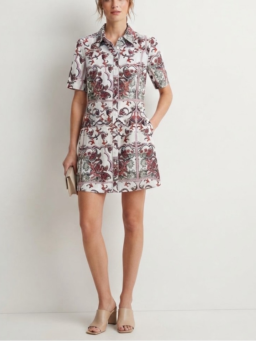 ✨ Glamorous Paisley Tile Print Button Down Shirt Dress Short Sleeve Size US 6❤️